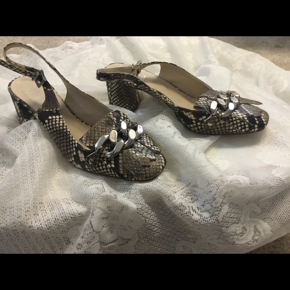 Slingback Snake Skin Block-Heels;multi colors:black, brown, beiges; silver chain